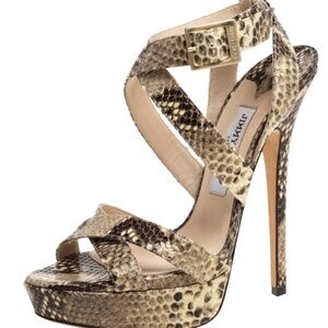 Jimmy Choo Beige/Black Python Embossed Leather Ankle Strap Sandals